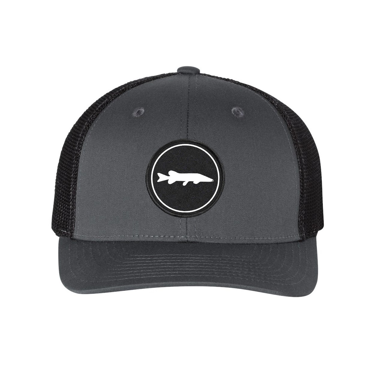 Fish Northern Pike Icon Logo Classic Woven Circle Patch Snapback Trucker Hat Gray/Black (White Logo)