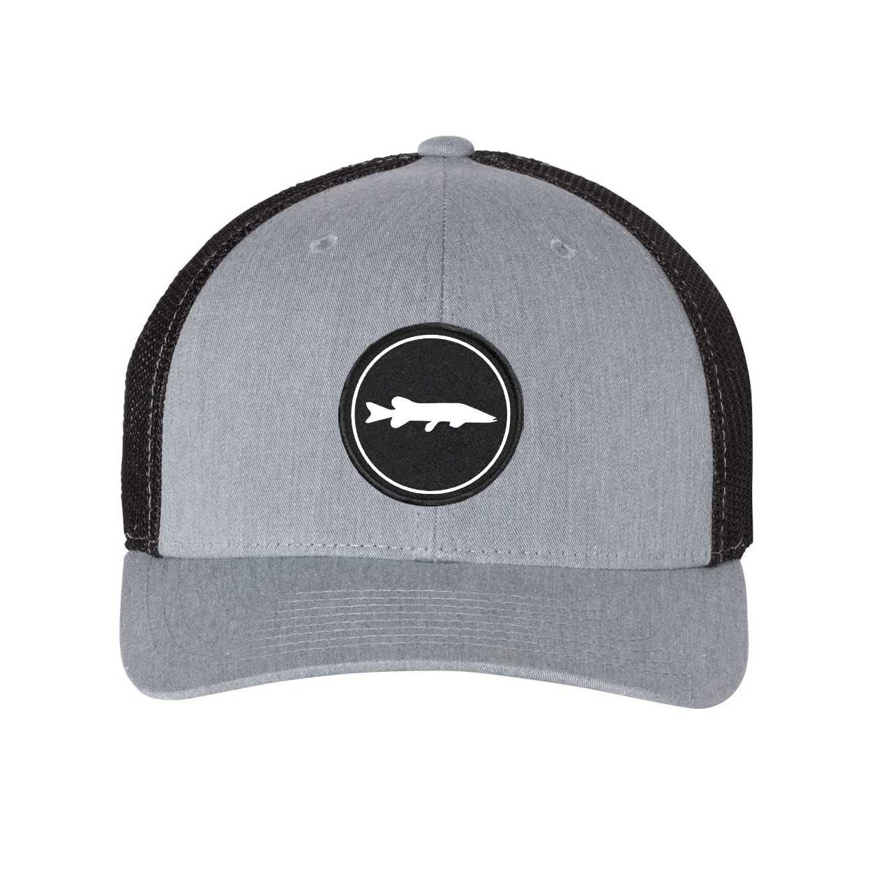 Fish Northern Pike Icon Logo Classic Woven Circle Patch Snapback Trucker  Hat Heather Gray/Black