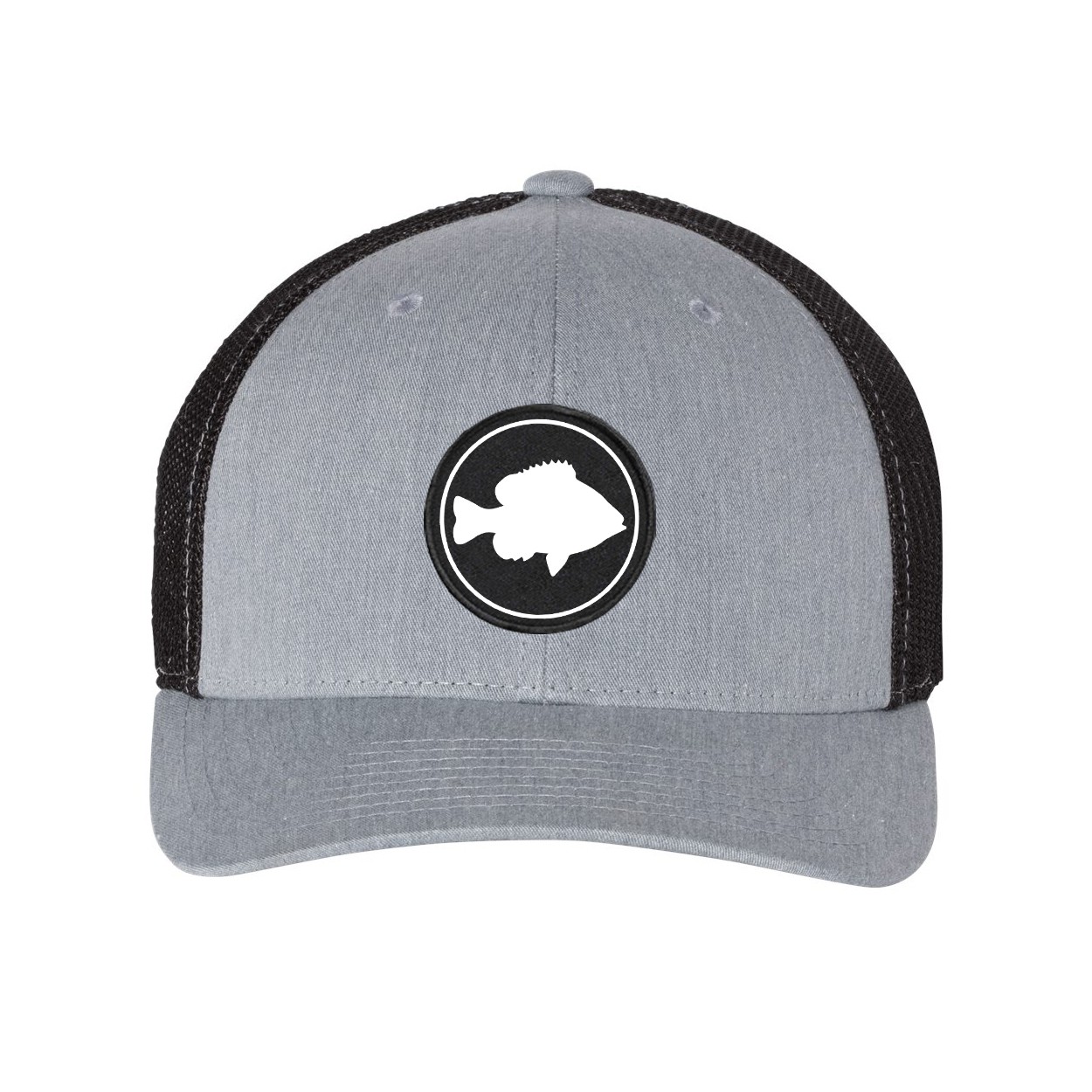 Fish Sunny Icon Logo Classic Woven Circle Patch Snapback Trucker Hat Heather Gray/Black (White Logo)