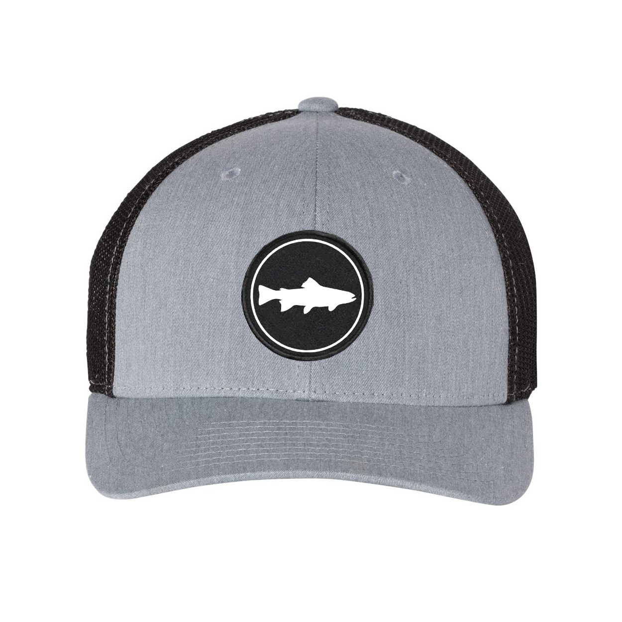 Fish Trout Icon Logo Classic Woven Circle Patch Snapback Trucker Hat Heather Gray/Black (White Logo)