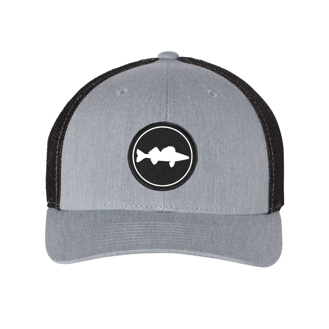 Fish Walleye Icon Logo Classic Woven Circle Patch Snapback Trucker Hat Heather Gray/Black (White Logo)