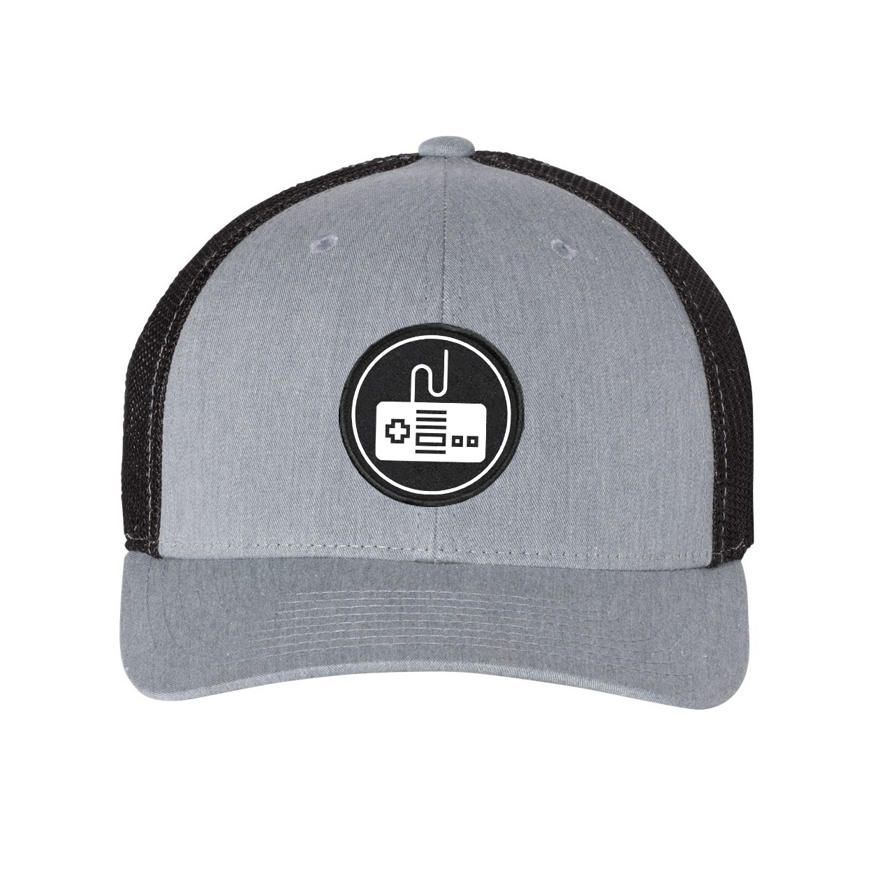 Game Controller Icon Logo Classic Woven Circle Patch Snapback Trucker Hat Heather Gray/Black (White Logo)