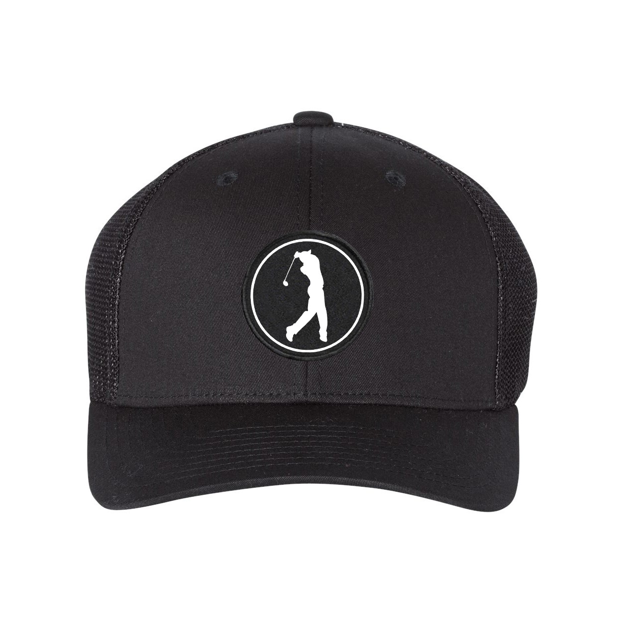 Golf Swing Icon Logo Classic Woven Circle Patch Snapback Trucker Hat Black (White Logo)