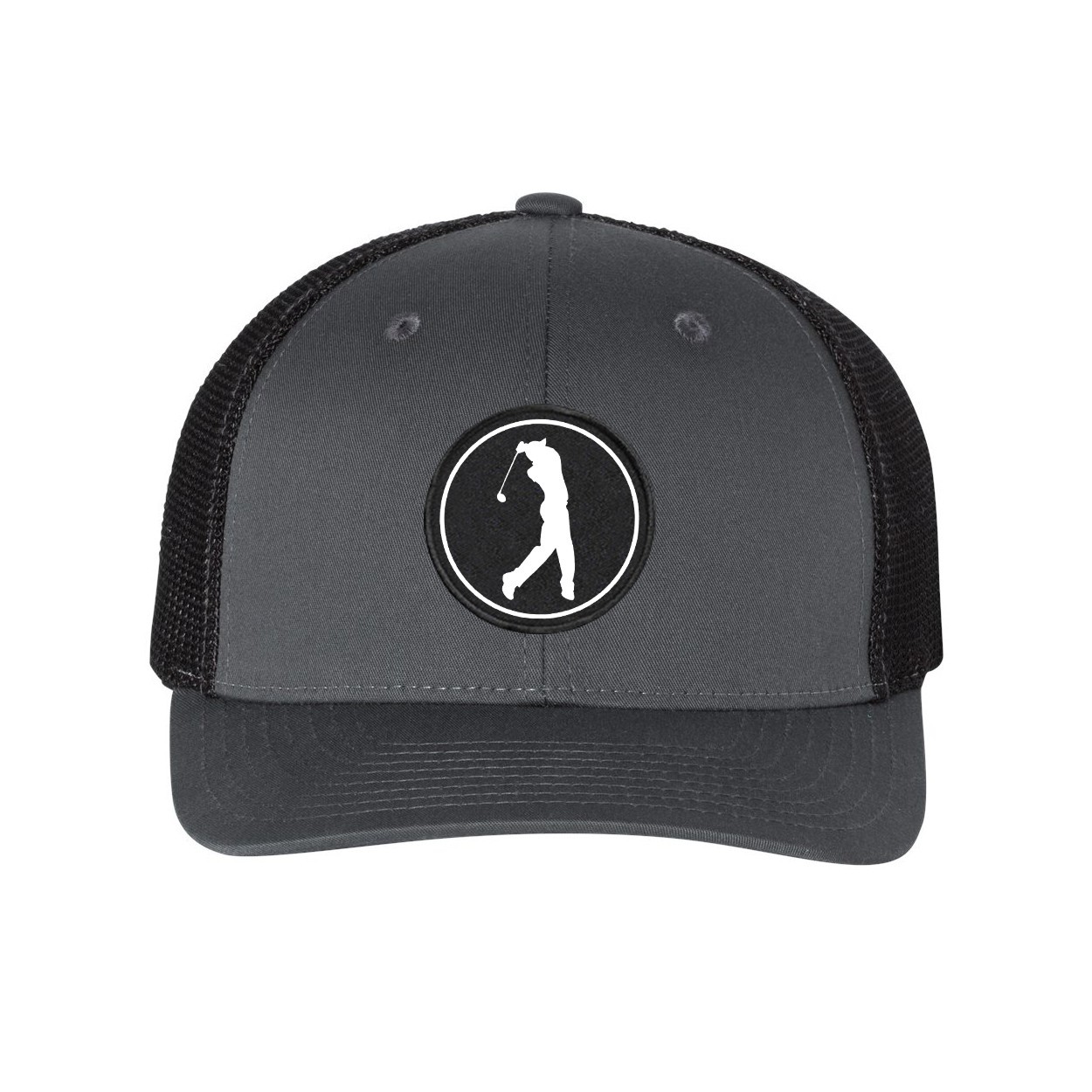 Golf Swing Icon Logo Classic Woven Circle Patch Snapback Trucker Hat Gray/Black (White Logo)