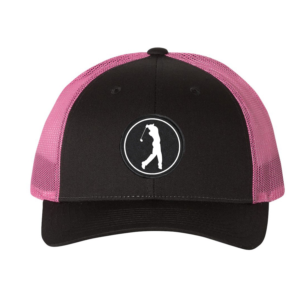 Golf Swing Icon Logo Classic Woven Circle Patch Snapback Trucker Hat Gray/Neon Pink (White Logo)