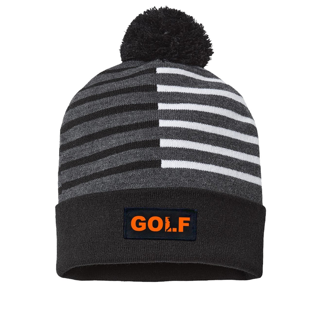 Golf Swing Logo Night Out Woven Patch Roll Up Pom Knit Beanie Half Color Black/White (Orange Logo)