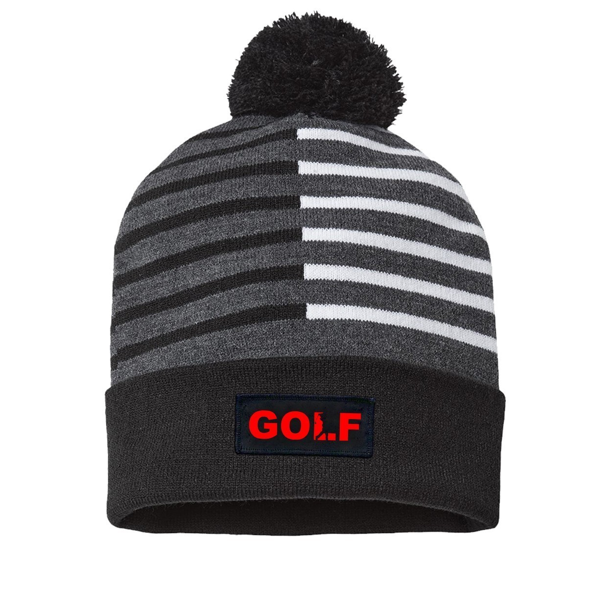Golf Swing Logo Night Out Woven Patch Roll Up Pom Knit Beanie Half Color Black/White (Red Logo)