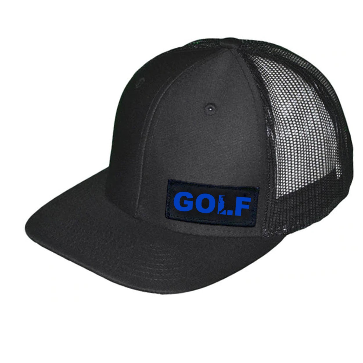 Golf Swing Logo Night Out Woven Patch Snapback Trucker Hat Black (Blue Logo)