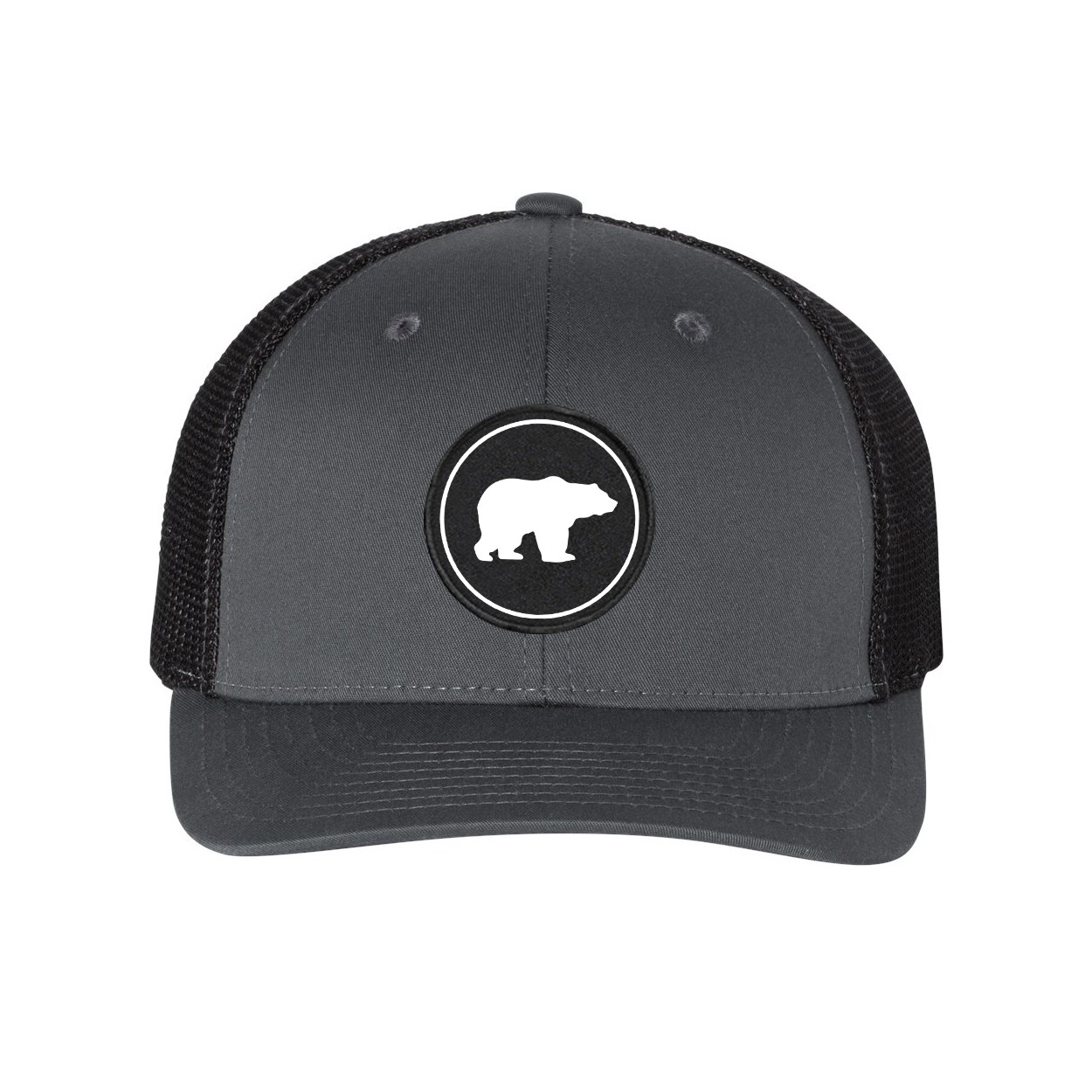Hunt Bear Icon Logo Classic Woven Circle Patch Snapback Trucker Hat Gray/Black (White Logo)