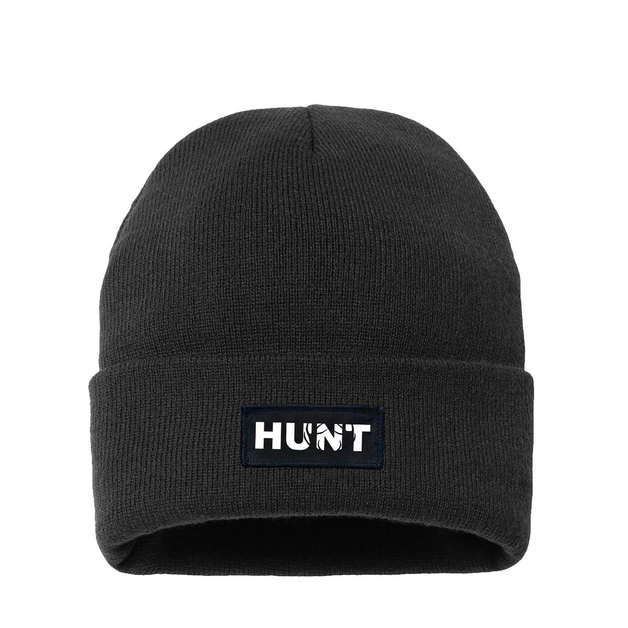 Hunt Rack Logo Night Out Woven Patch Night Out Sherpa Lined Cuffed Beanie Black (White Logo)