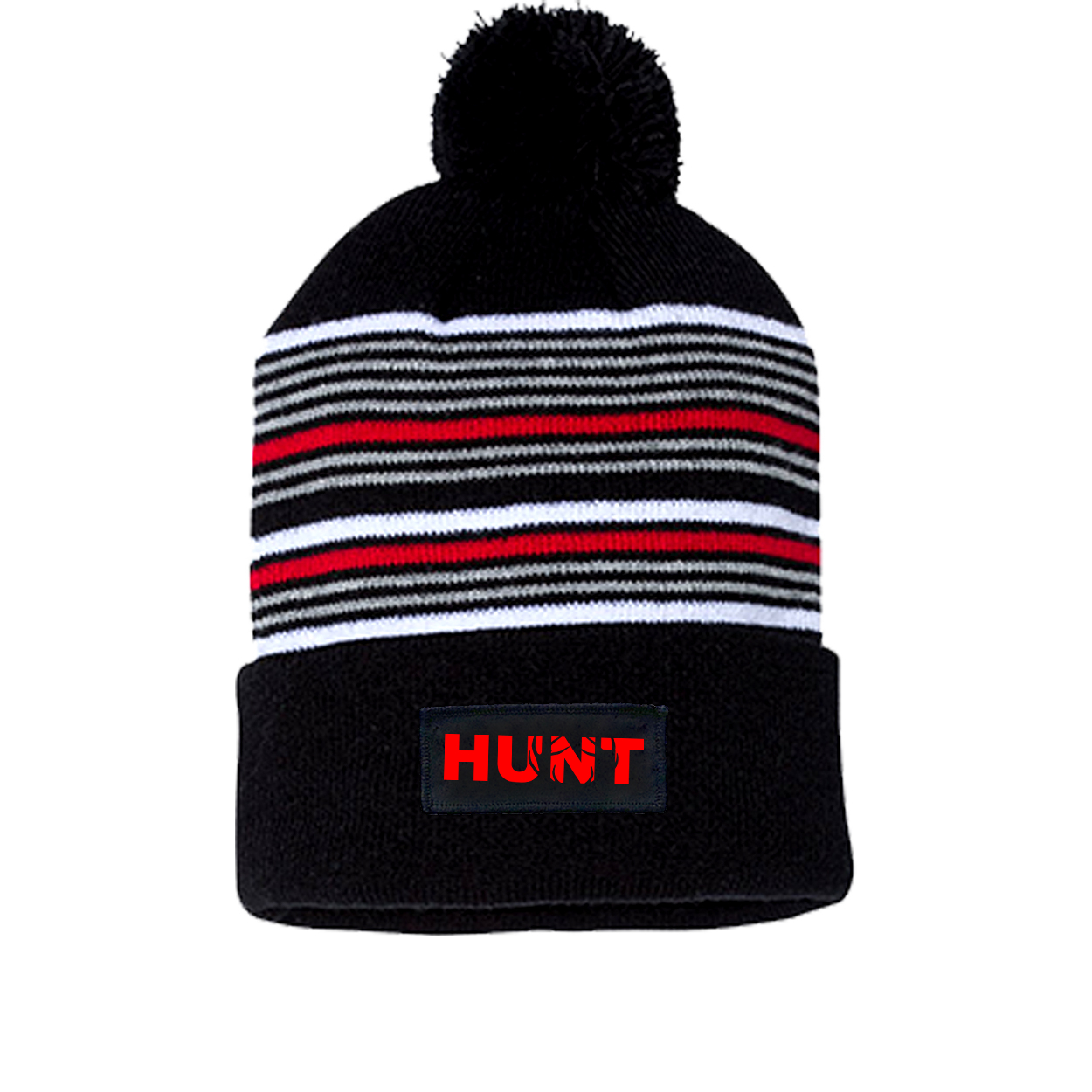 Hunt Rack Logo Night Out Woven Patch Roll Up Pom Knit Beanie Black/ White/ Grey/ Red Beanie (Red Logo)