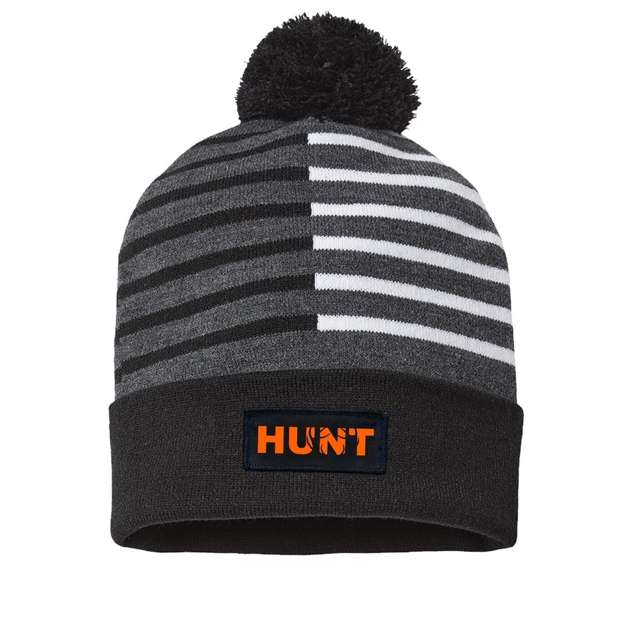 Hunt Rack Logo Night Out Woven Patch Roll Up Pom Knit Beanie Half Color Black/White (Orange Logo)