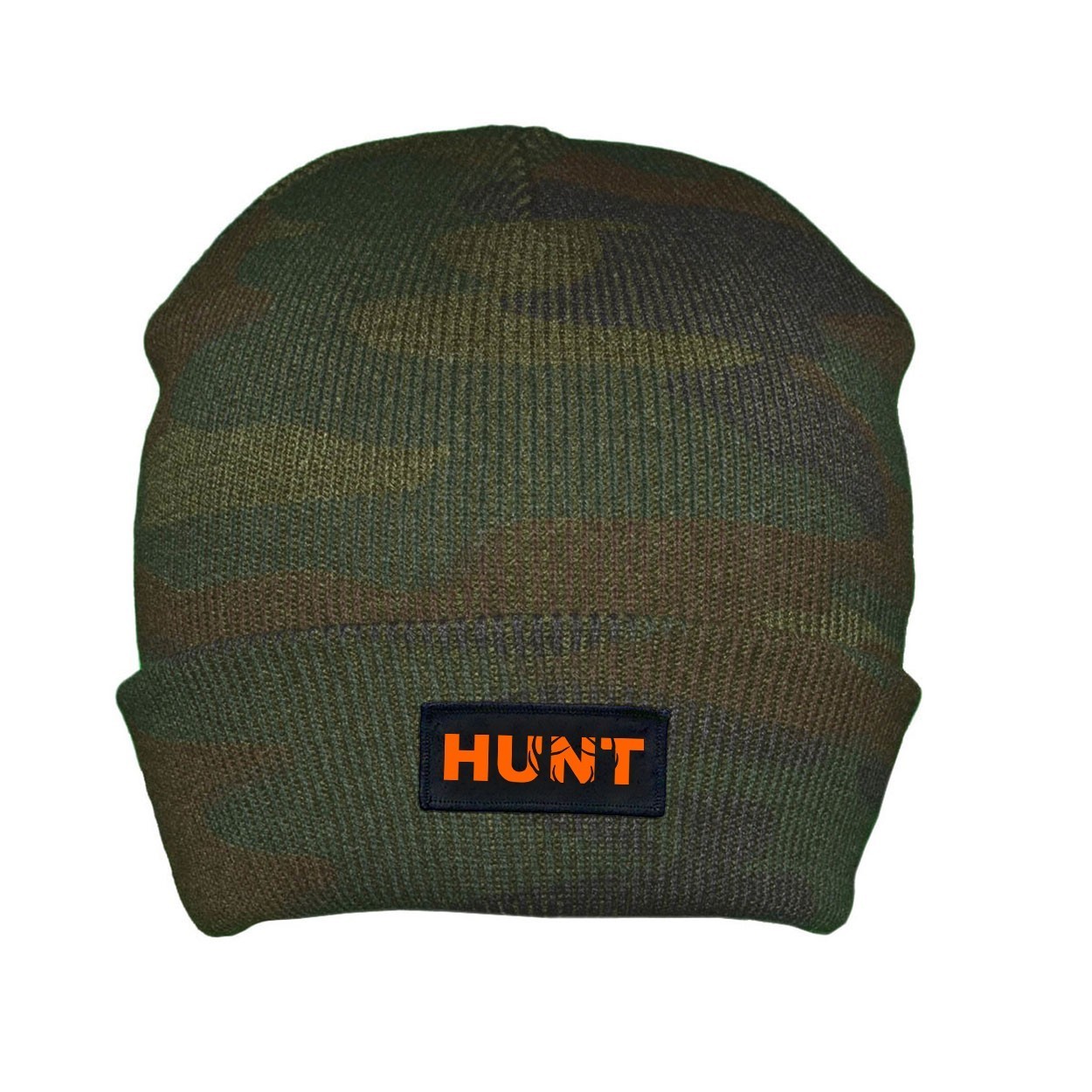 Hunt Rack Logo Night Out Woven Patch Roll Up Skully Beanie Camo (Orange Logo)