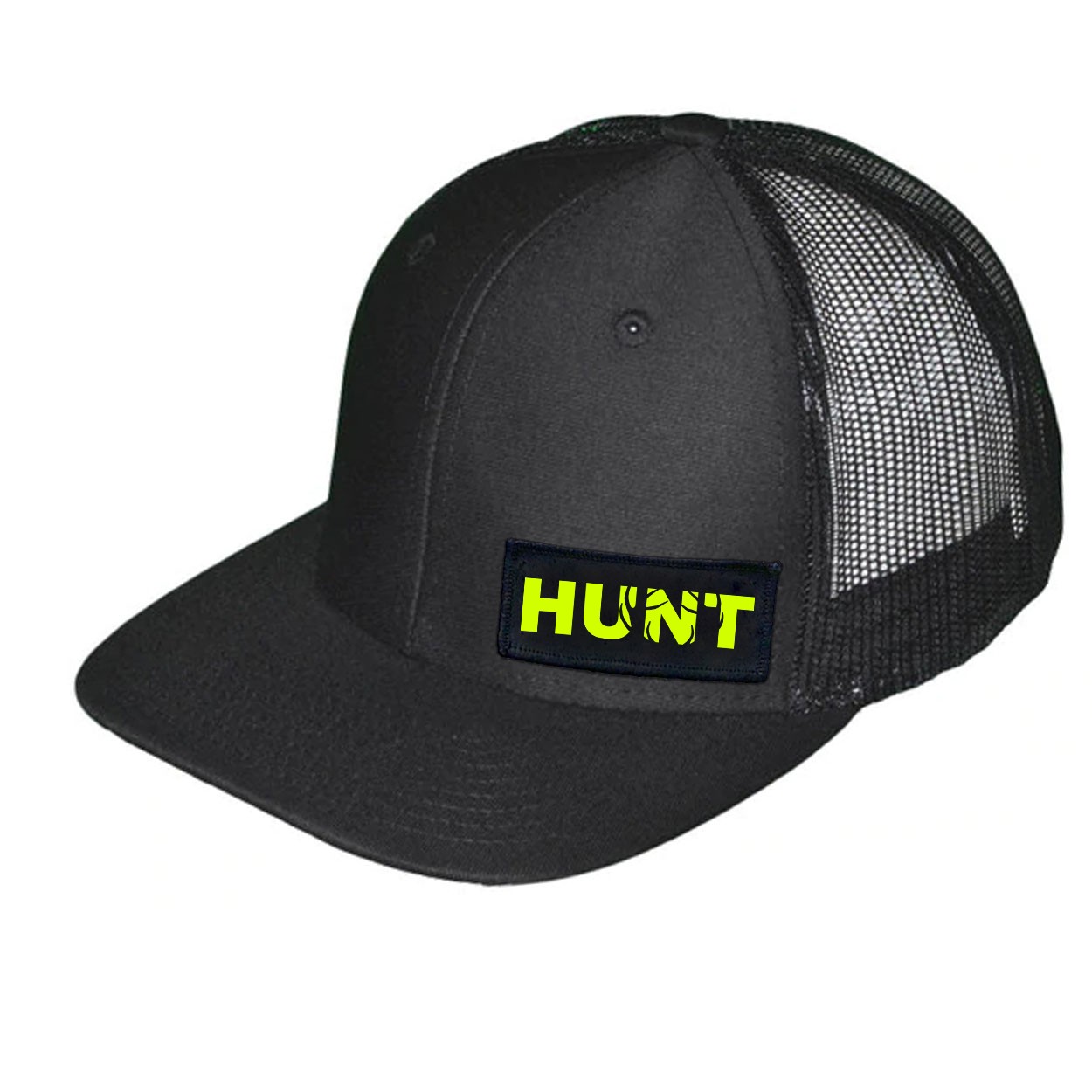 Hunt Rack Logo Night Out Woven Patch Snapback Trucker Hat Black (Hi-Vis Logo)