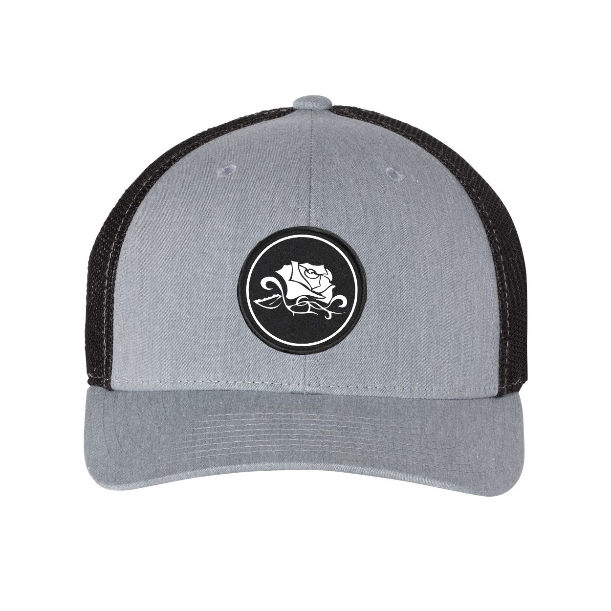 Ink Flower Icon Logo Classic Woven Circle Patch Snapback Trucker Hat Heather Gray/Black (White Logo)