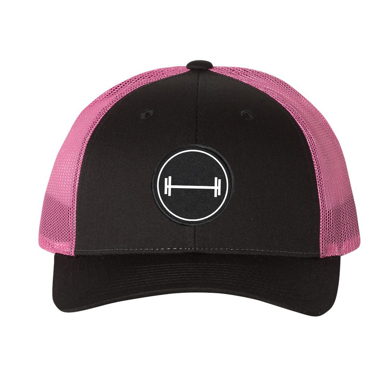 Lift Barbell Icon Logo Classic Woven Circle Patch Snapback Trucker Hat Gray/Neon Pink (White Logo)