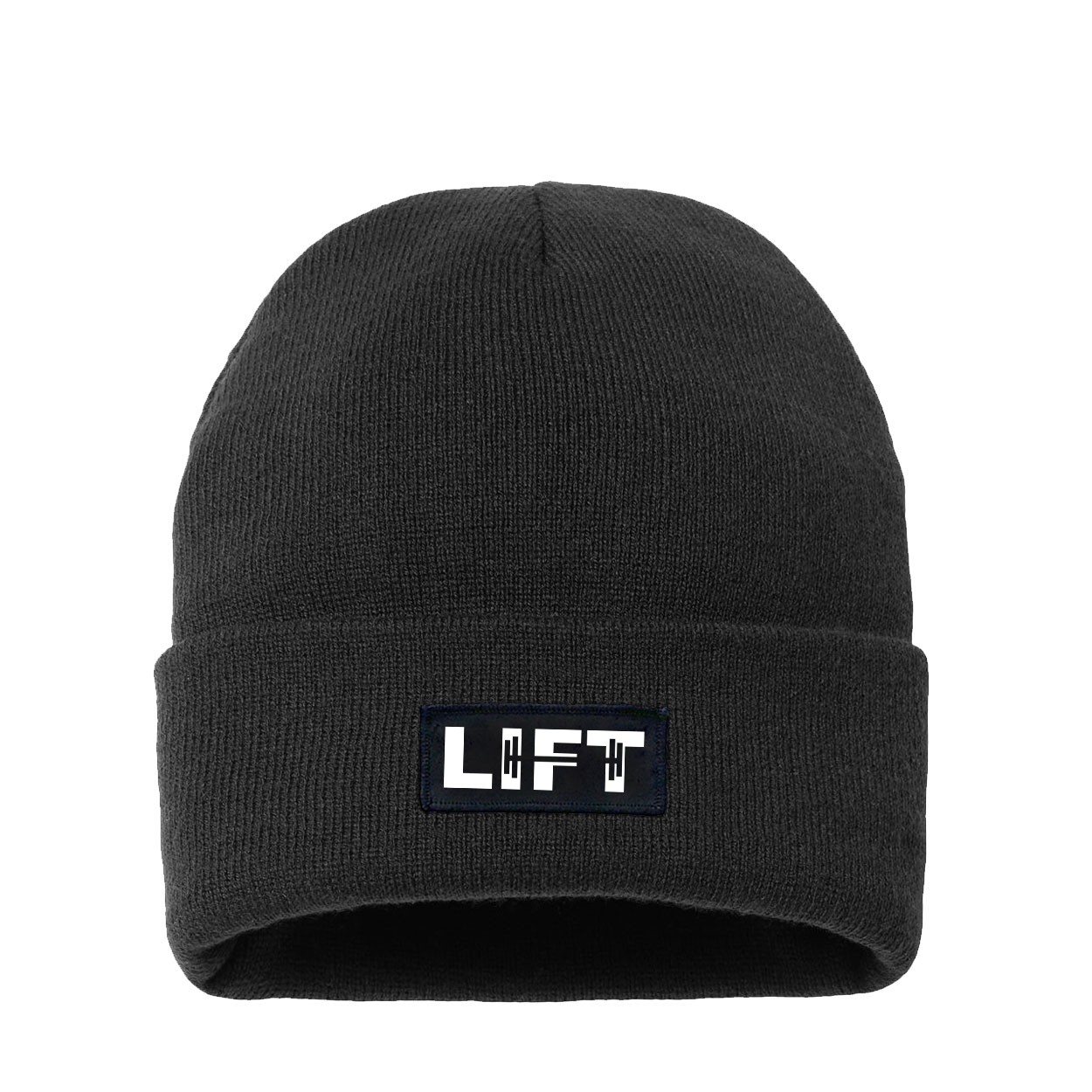 Lift Barbell Logo Night Out Woven Patch Night Out Sherpa Lined Cuffed Beanie Black (White Logo)
