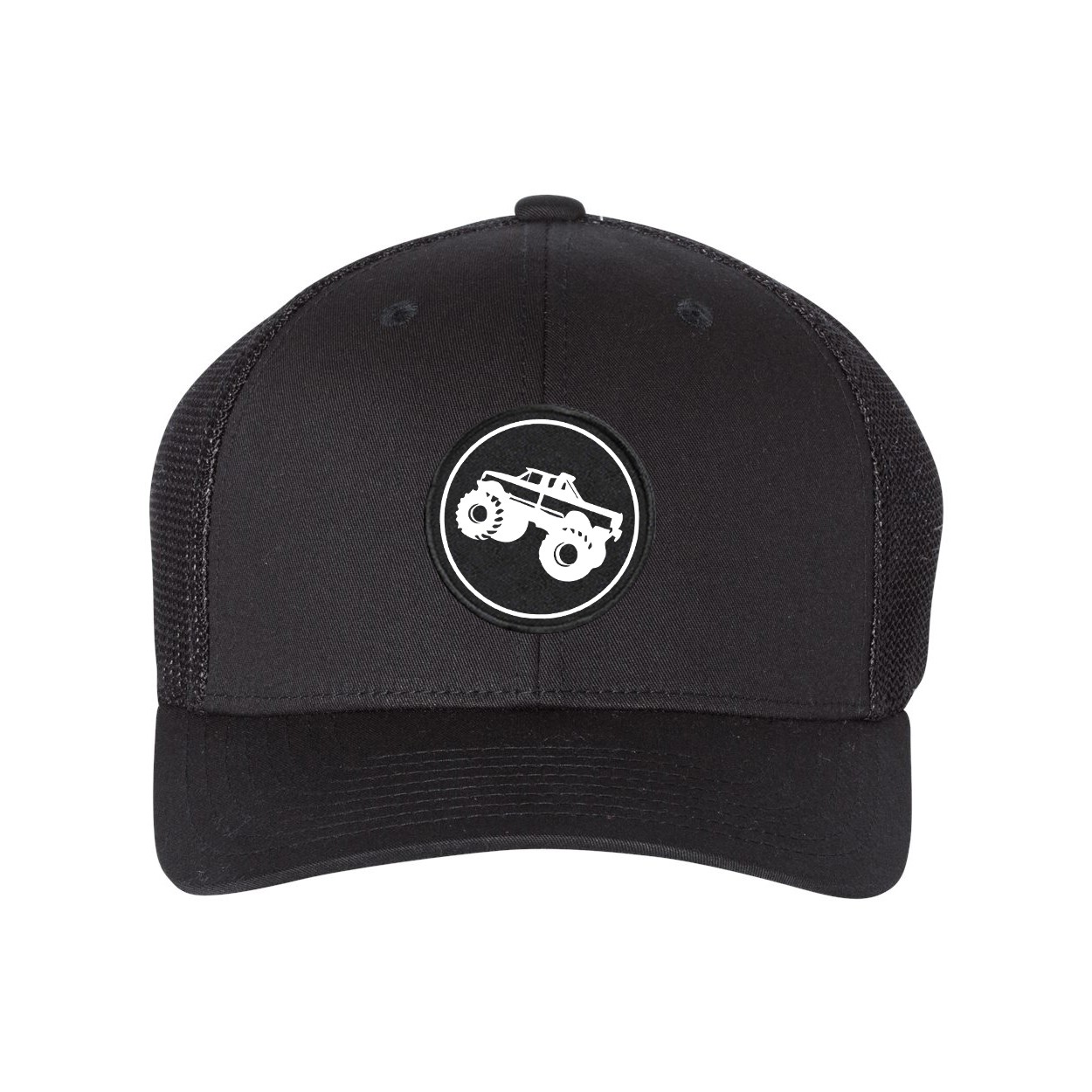 Mud Truck Icon Logo Classic Woven Circle Patch Snapback Trucker Hat Black (White Logo)