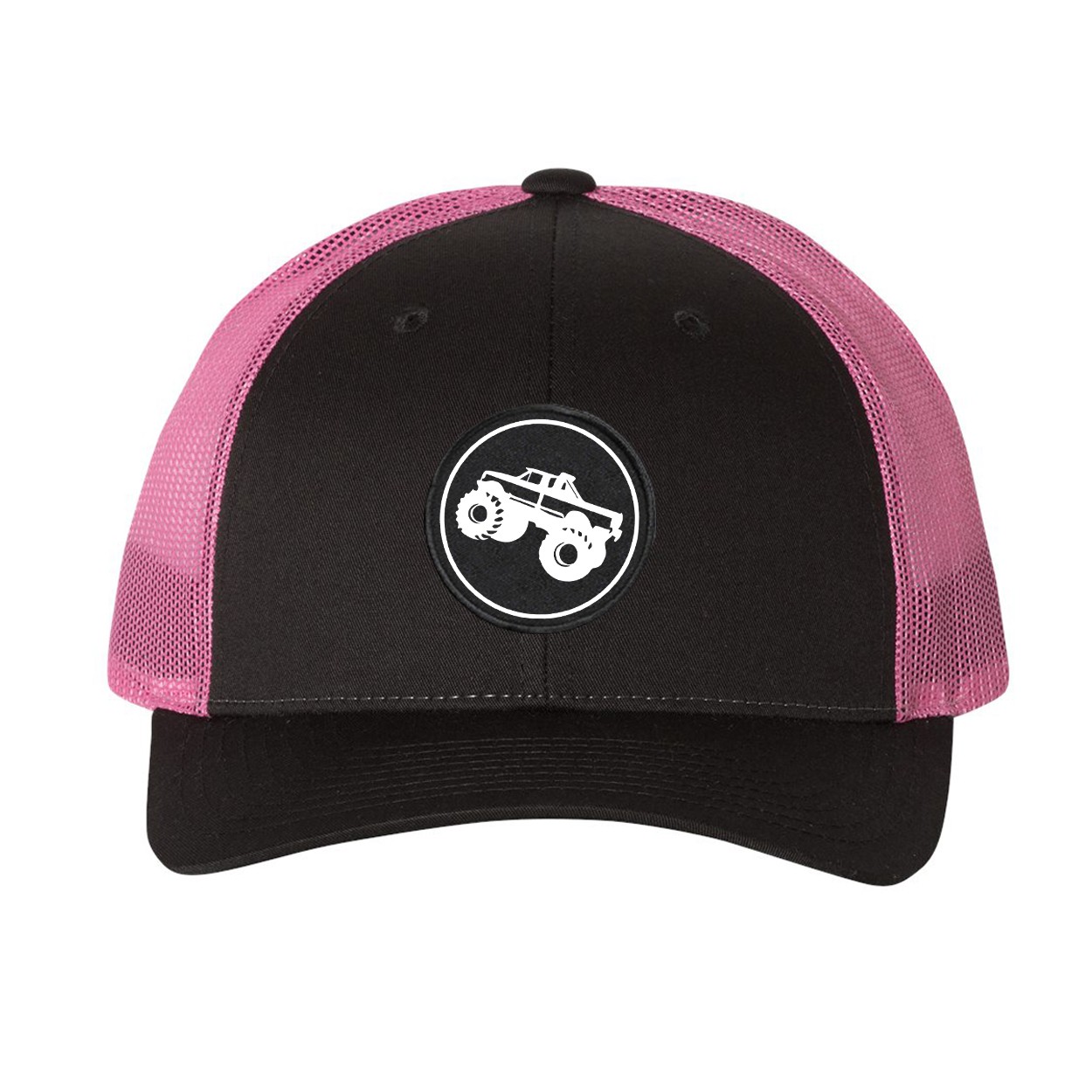 Mud Truck Icon Logo Classic Woven Circle Patch Snapback Trucker Hat Charcoal/Neon Pink (White Logo)
