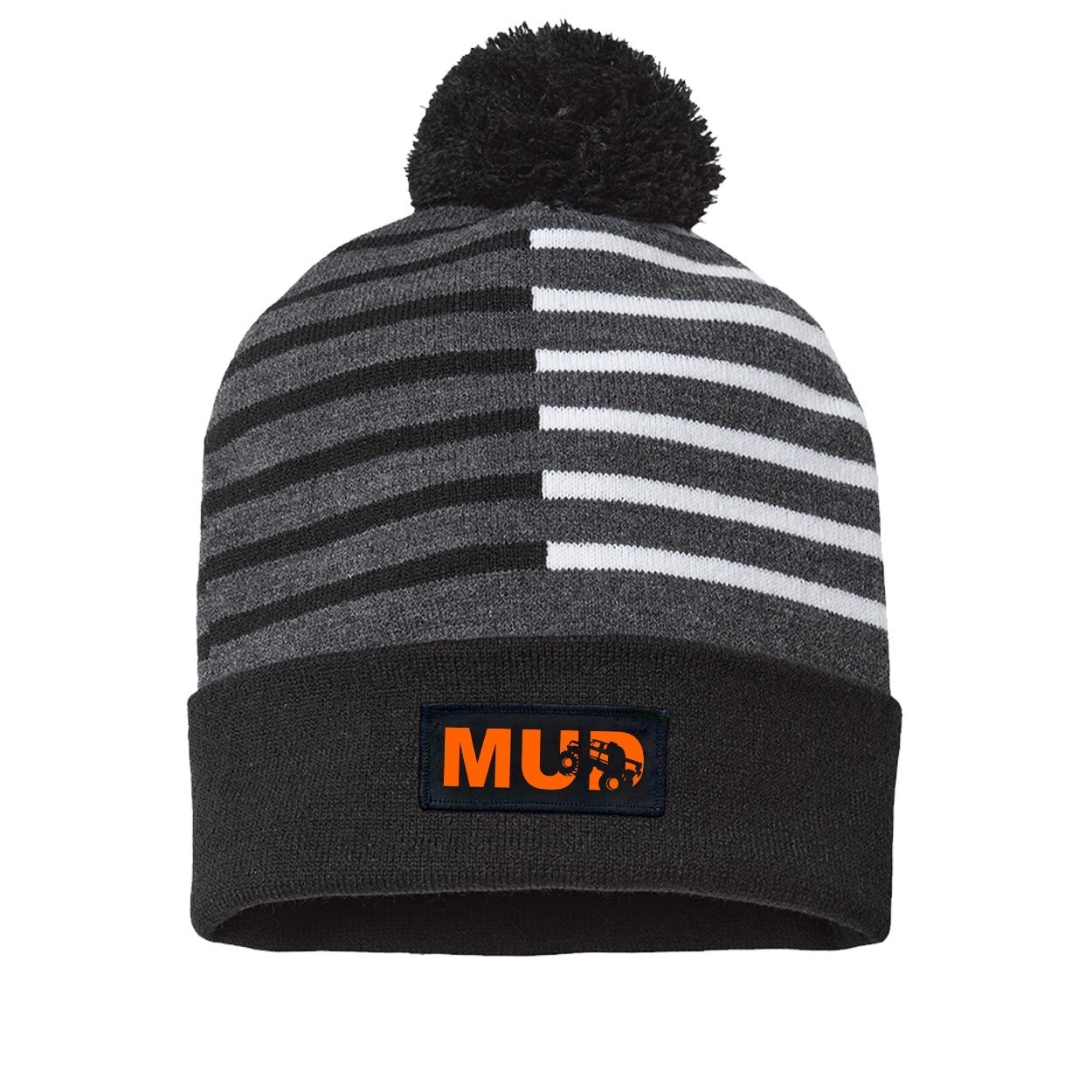 Mud Truck Logo Night Out Woven Patch Roll Up Pom Knit Beanie Half Color Black/White (Orange Logo)