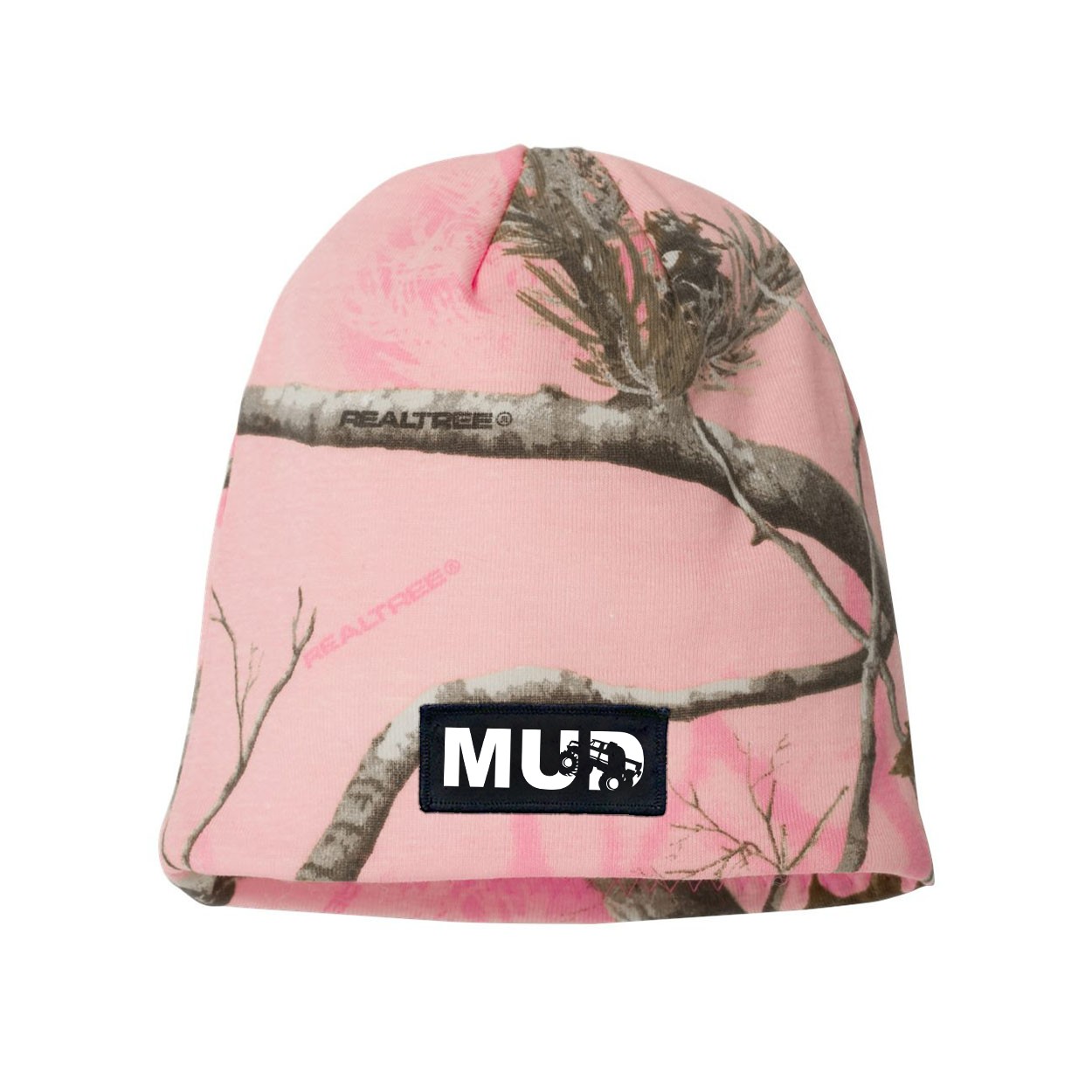 Mud Truck Logo Night Out Woven Patch Skully Beanie Realtree AP Pink Camo (White Logo)
