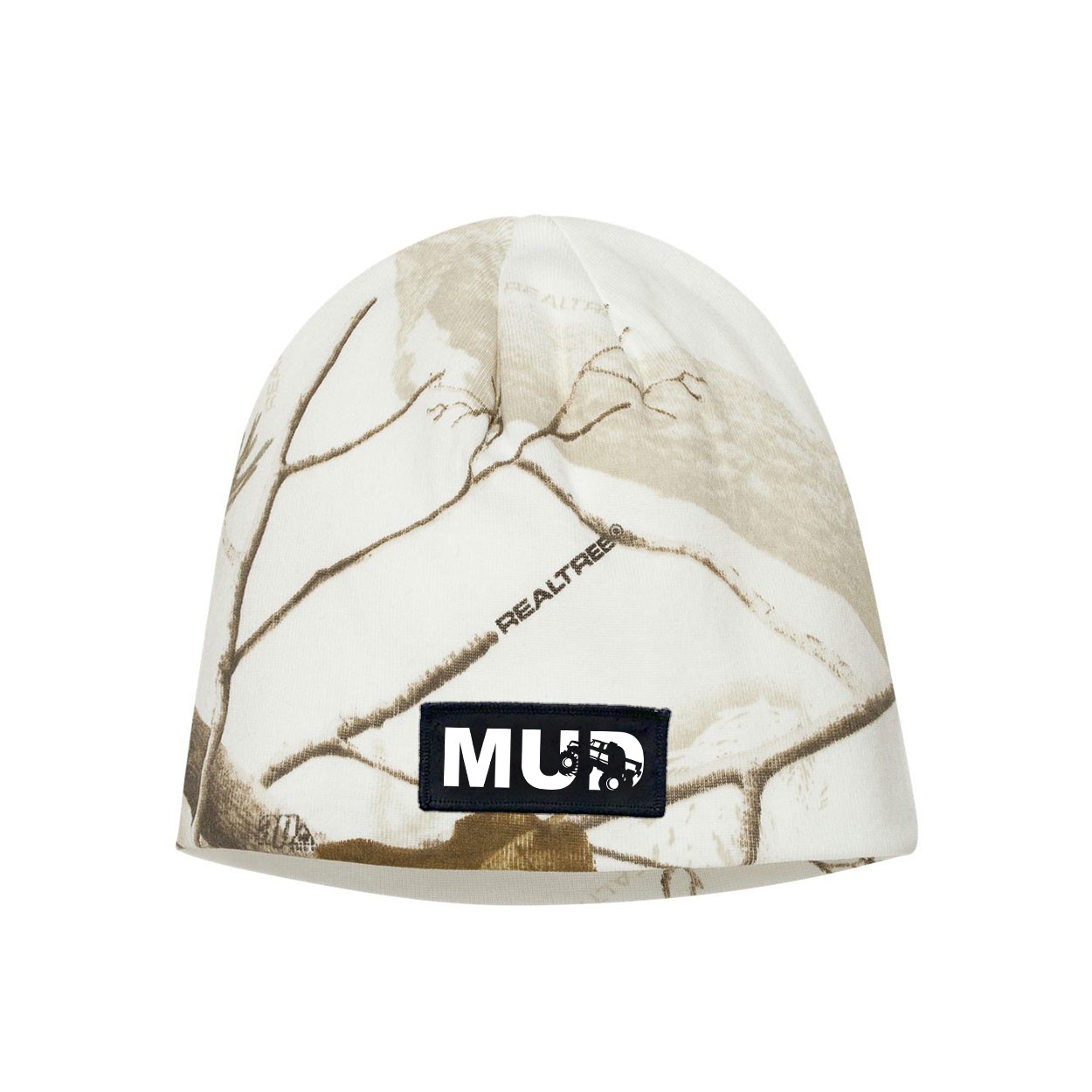 Mud Truck Logo Night Out Woven Patch Skully Beanie Realtree AP White Snow Camo (White Logo)