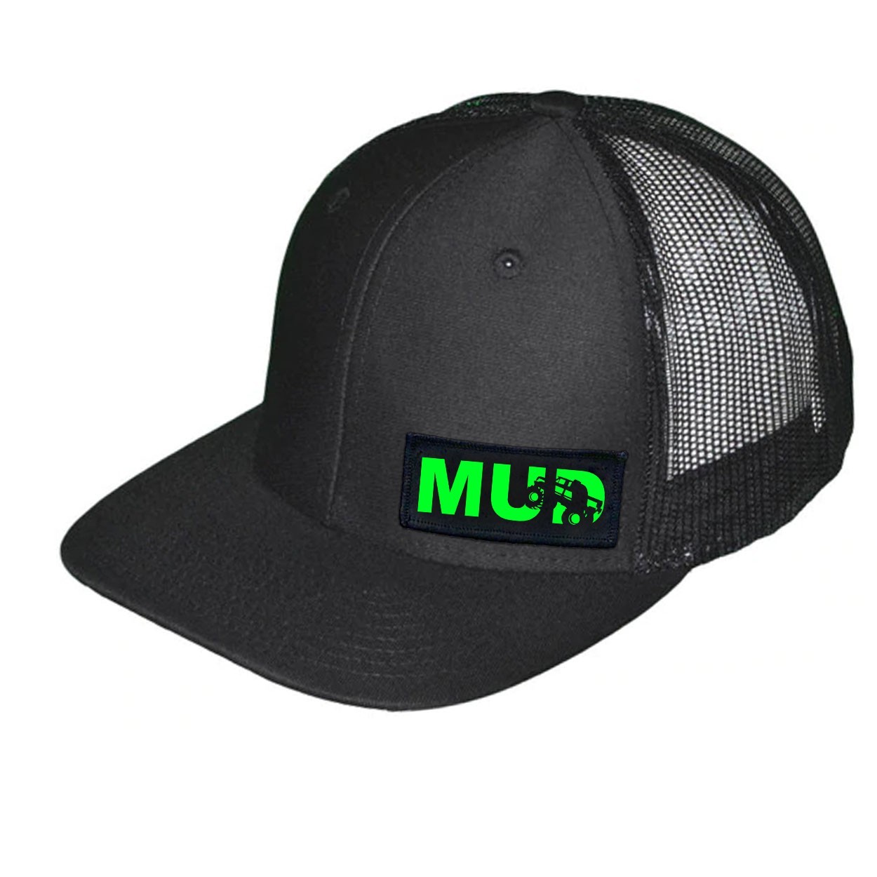 Mud Truck Logo Night Out Woven Patch Snapback Trucker Hat Black (Green Logo)