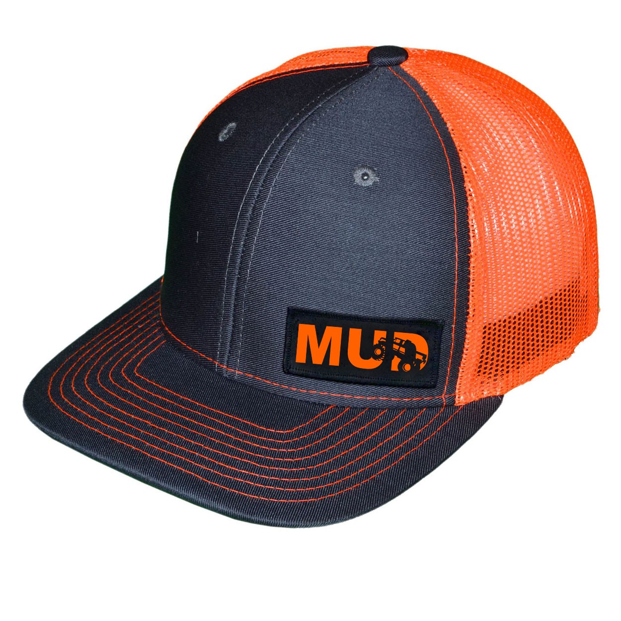 Mud Truck Logo Night Out Woven Patch Snapback Trucker Hat Gray/Orange (Orange Logo)