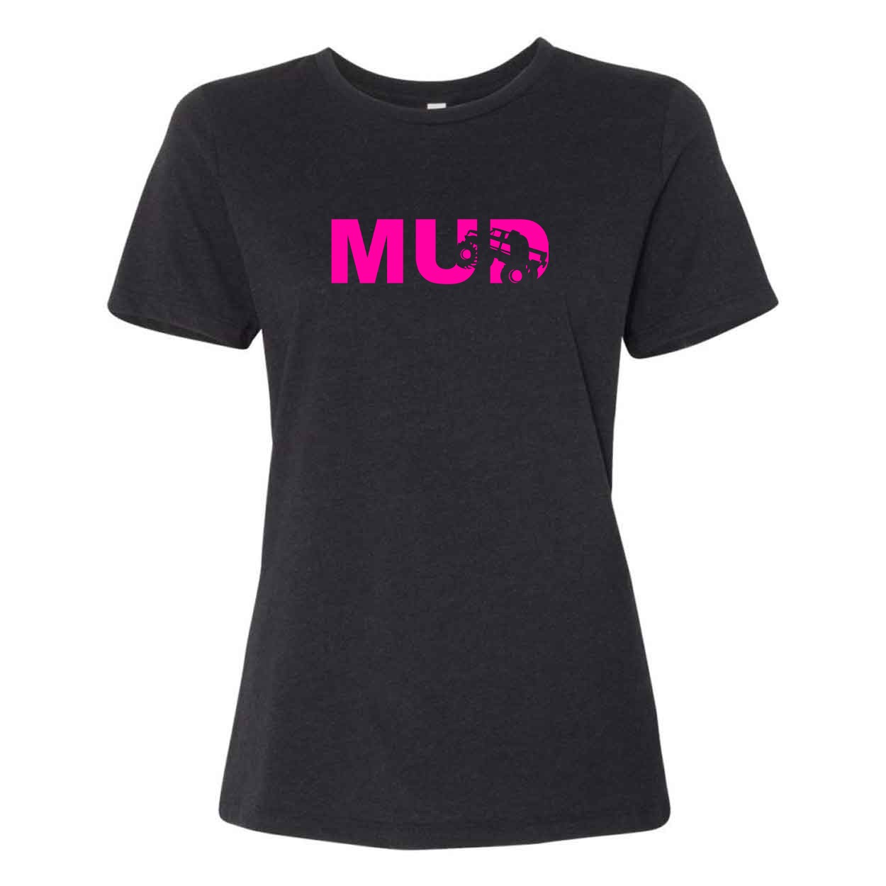 Mud Truck Logo Women's Classic Relaxed Jersey T-Shirt Black Heather (Pink Logo)