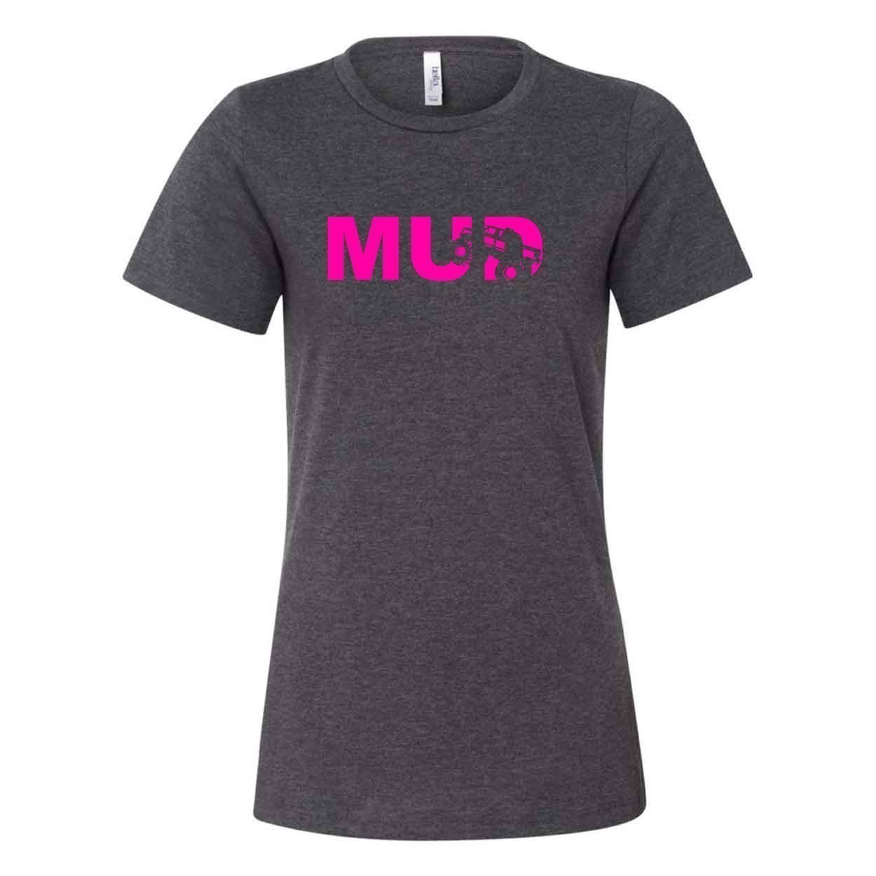 Mud Truck Logo Women's Classic Relaxed Jersey T-Shirt Dark Gray Heather (Pink Logo)