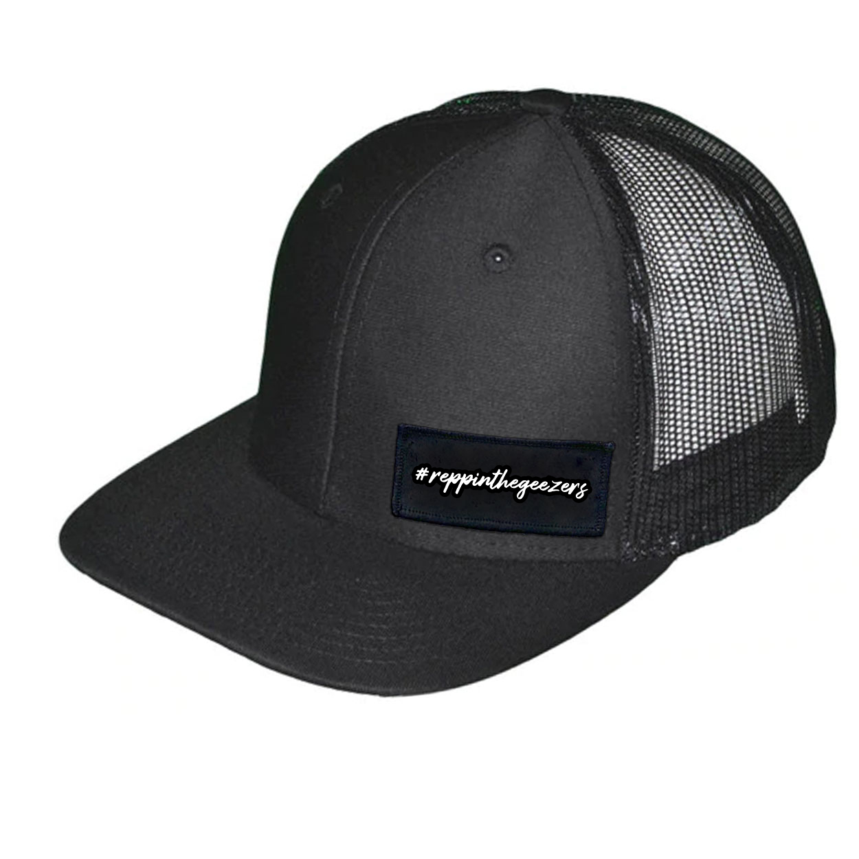 Reppin The Geezers Night Out Woven Patch Snapback Trucker Hat Black (White Logo)