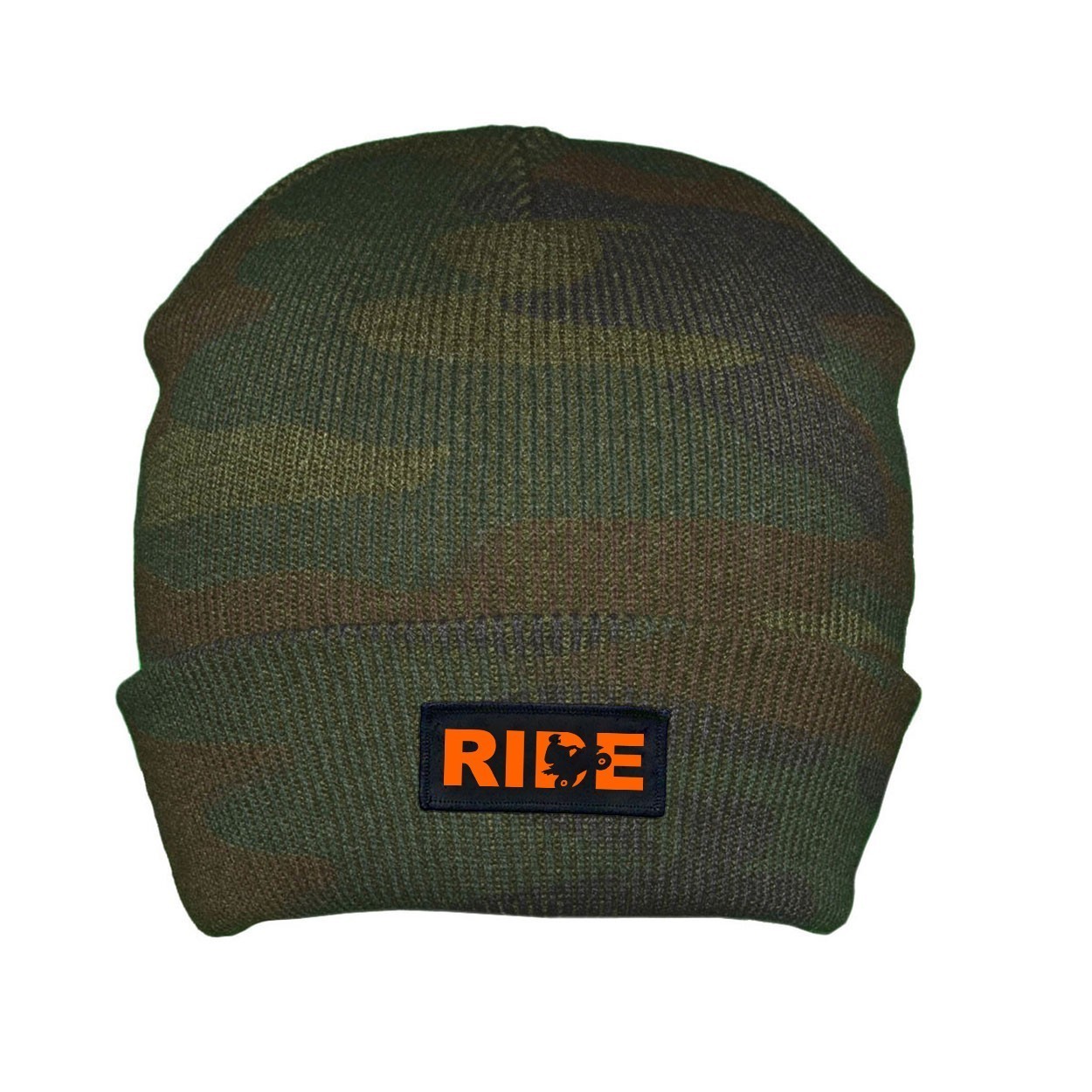 Ride ATV Logo Night Out Woven Patch Roll Up Skully Beanie Camo (Orange Logo)