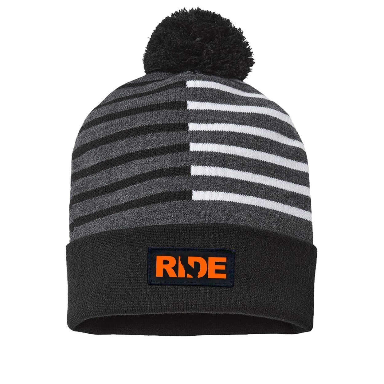 Ride California Night Out Woven Patch Roll Up Pom Knit Beanie Half Color Black/White (Orange Logo)
