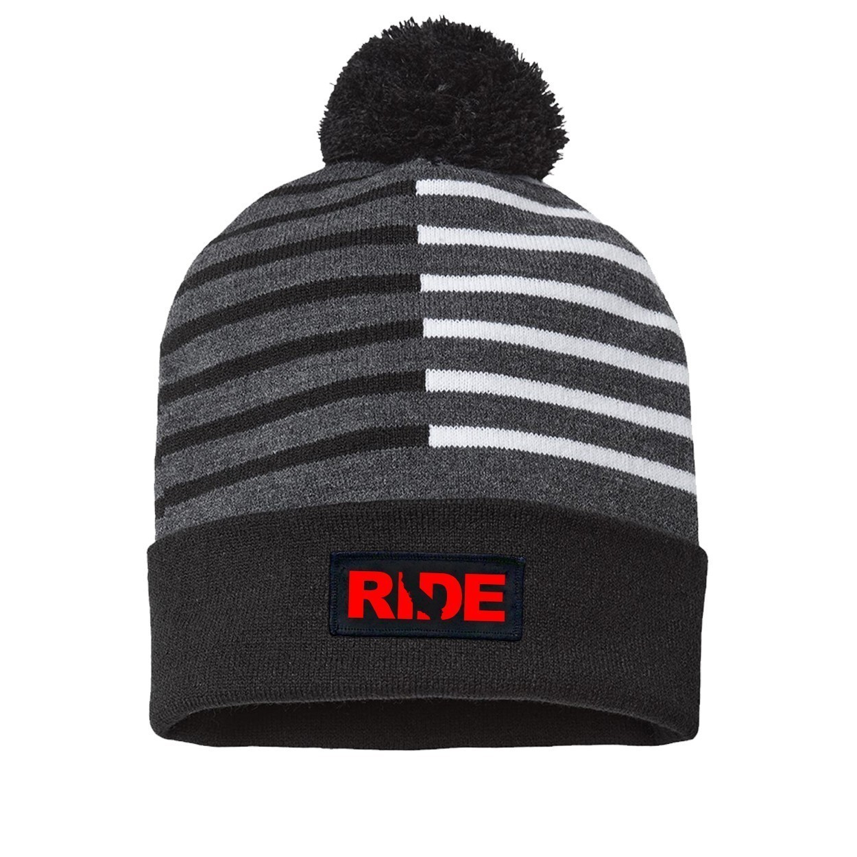 Ride California Night Out Woven Patch Roll Up Pom Knit Beanie Half Color Black/White (Red Logo)