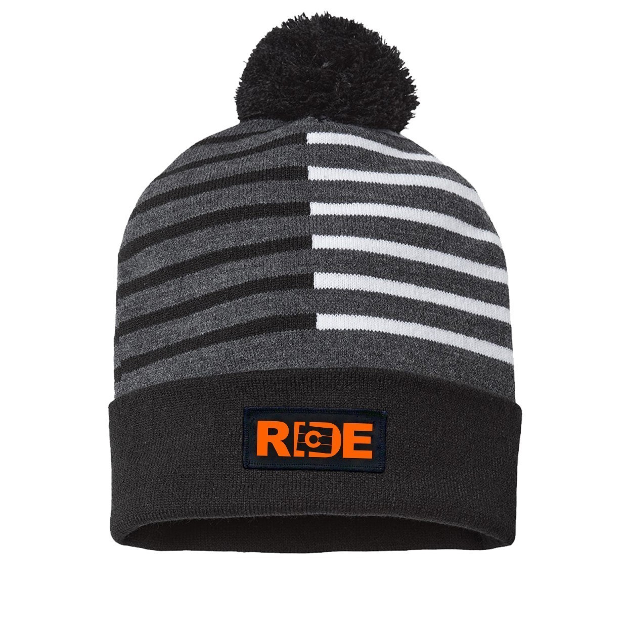 Ride Colorado Night Out Woven Patch Roll Up Pom Knit Beanie Half Color Black/White (Orange Logo)