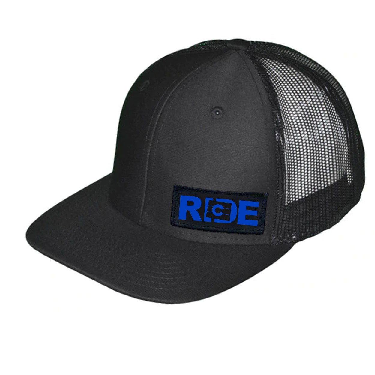 Ride Colorado Night Out Woven Patch Snapback Trucker Hat Black (Blue Logo)