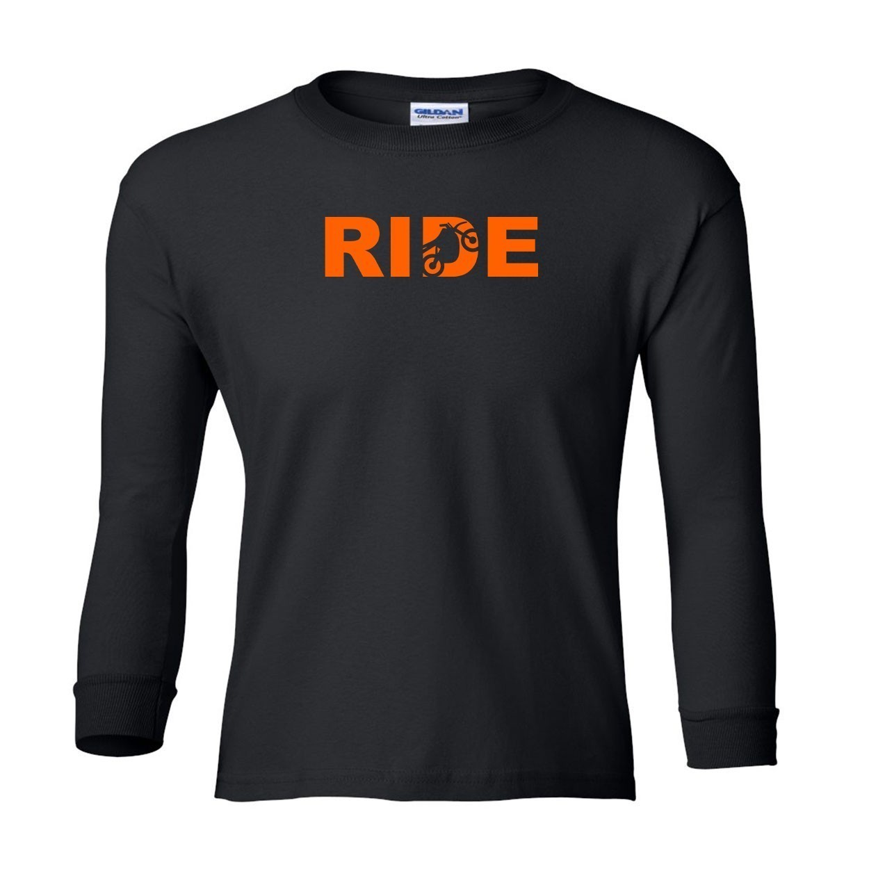 Ride Moto Logo Classic Youth Unisex Long Sleeve T-Shirt Black (Orange Logo)