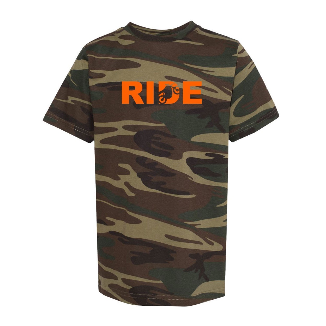Ride Moto Logo Classic Youth Unisex T-Shirt Camo (Orange Logo)