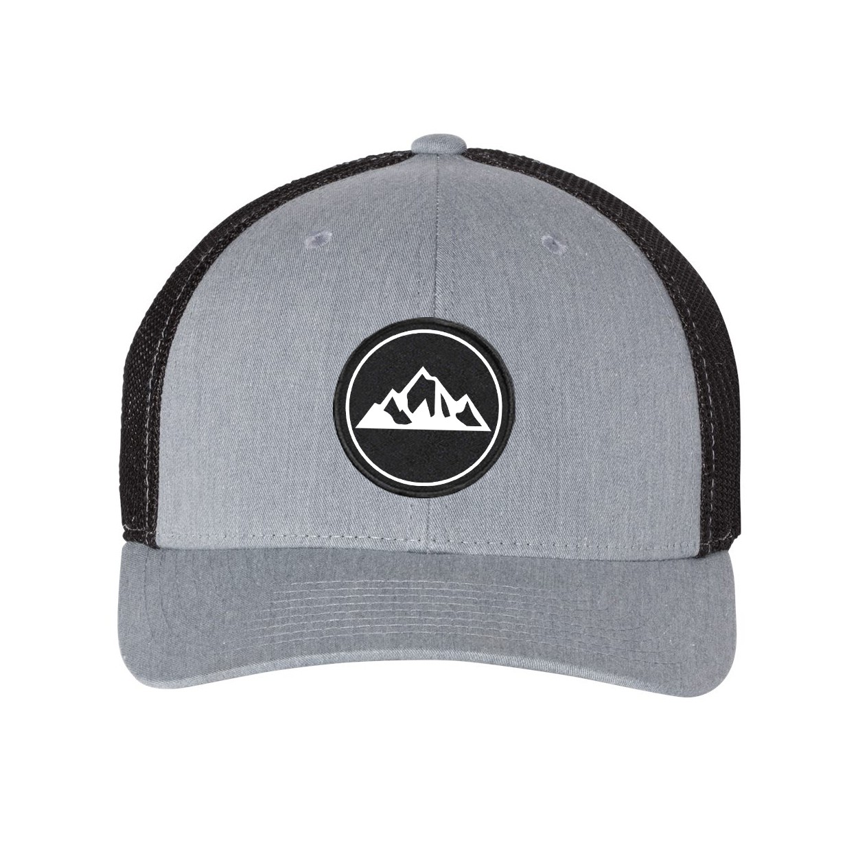 Ride Mountain Icon Logo Classic Woven Circle Patch Snapback Trucker Hat Heather Gray/Black (White Logo)