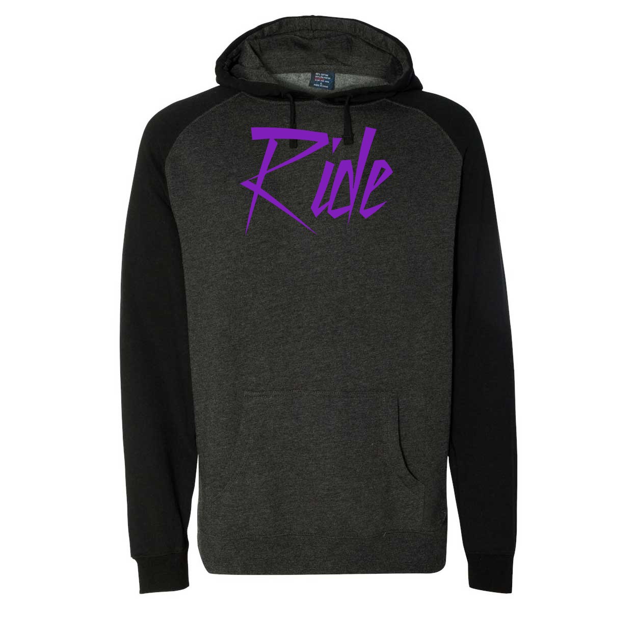 Ride Purple Logo Classic Raglan Hooded Pullover Sweatshirt Charcoal/Heather Black (White Logo)