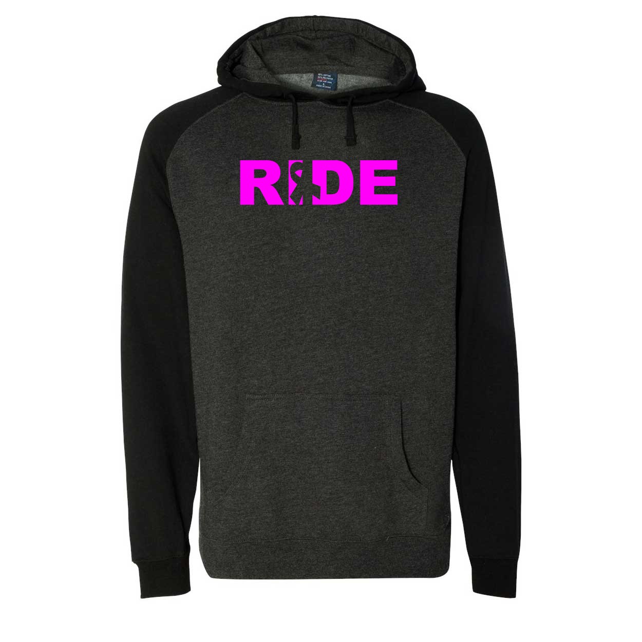 Ride Ribbon Logo Classic Raglan Hooded Pullover Sweatshirt Charcoal/Heather Black (White Logo)