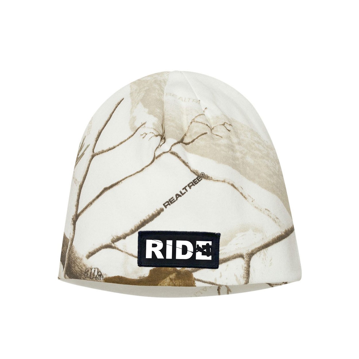Ride Wakeboard Logo Night Out Woven Patch Skully Beanie Realtree AP White Snow Camo (White Logo)