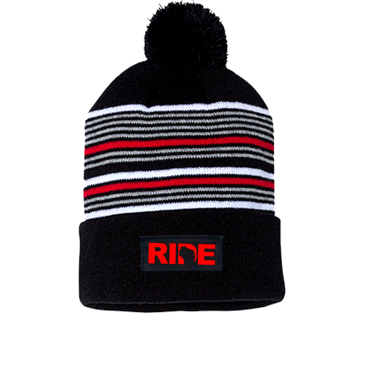 Ride Wisconsin Night Out Woven Patch Roll Up Pom Knit Beanie Black/ White/ Grey/ Red Beanie (Red Logo)