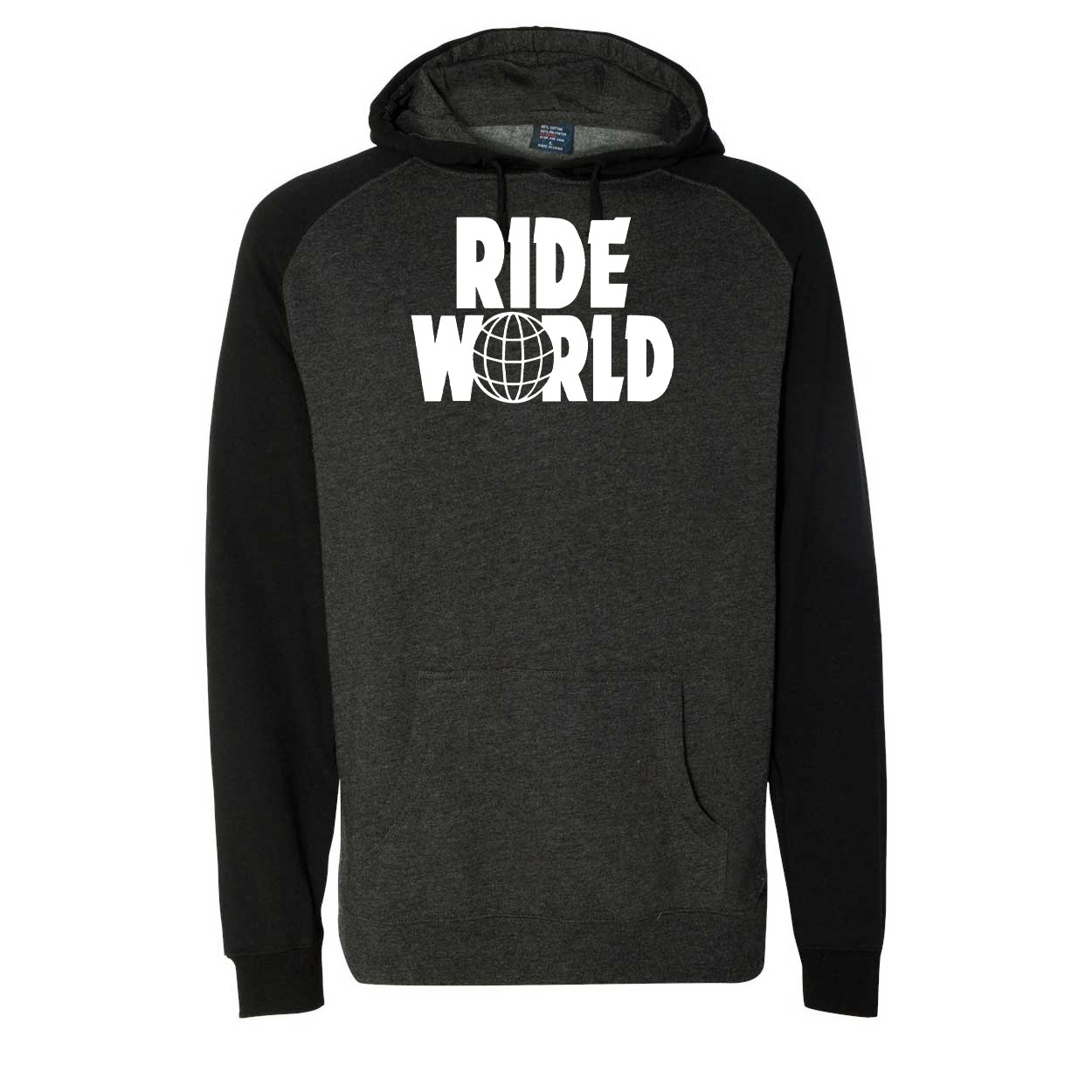 Ride World Logo Classic Raglan Hooded Pullover Sweatshirt Charcoal/Heather Black (White Logo)