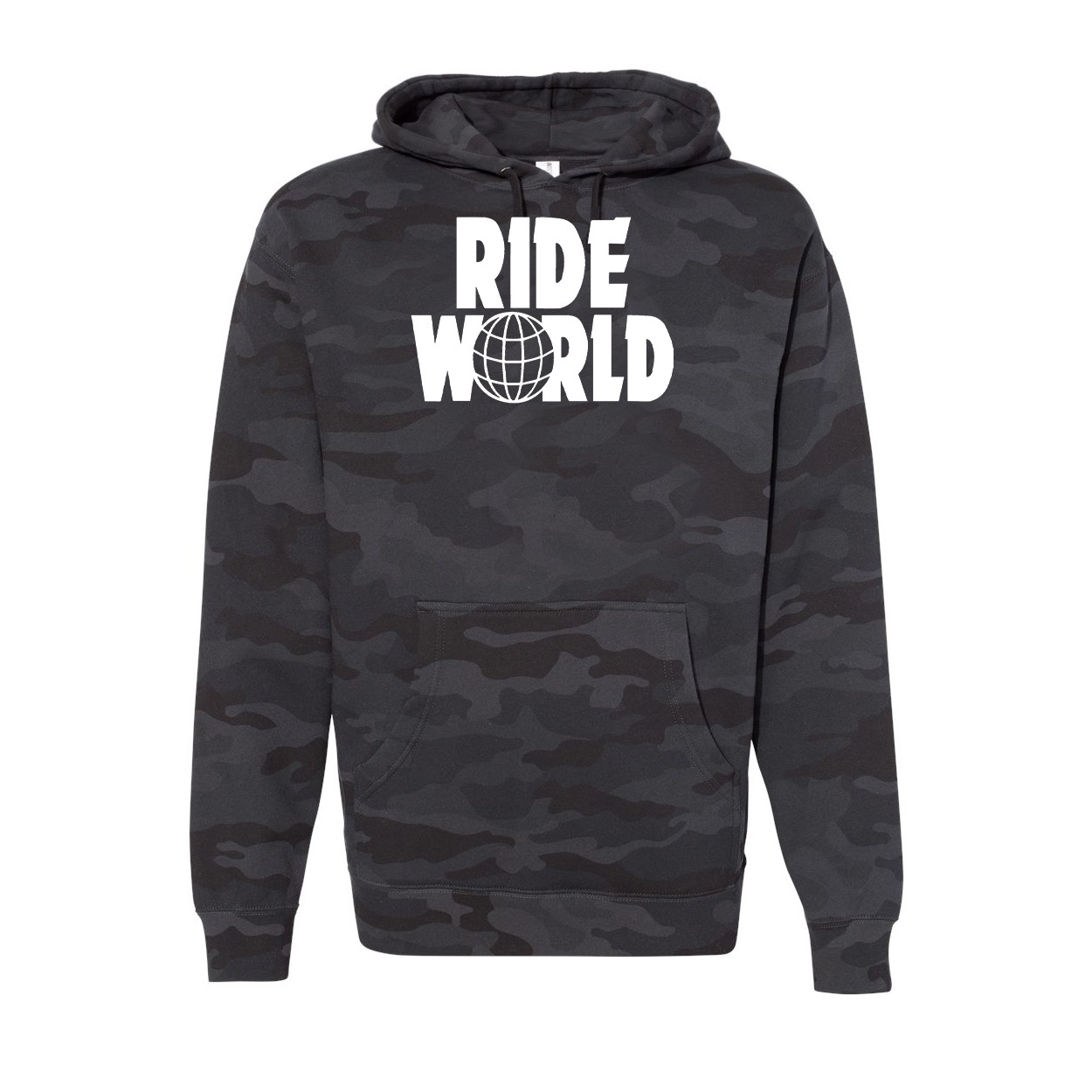 Ride World Logo Classic Unisex Hooded Sweatshirt Black Camo (White Logo)
