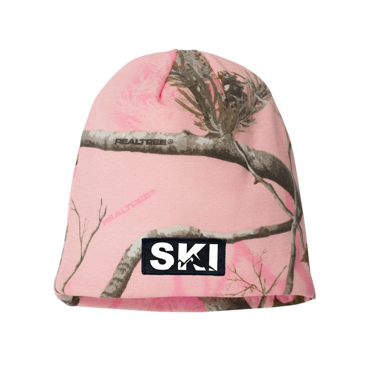 Ski Mountain Logo Night Out Woven Patch Skully Beanie Realtree AP Pink Camo (White Logo)