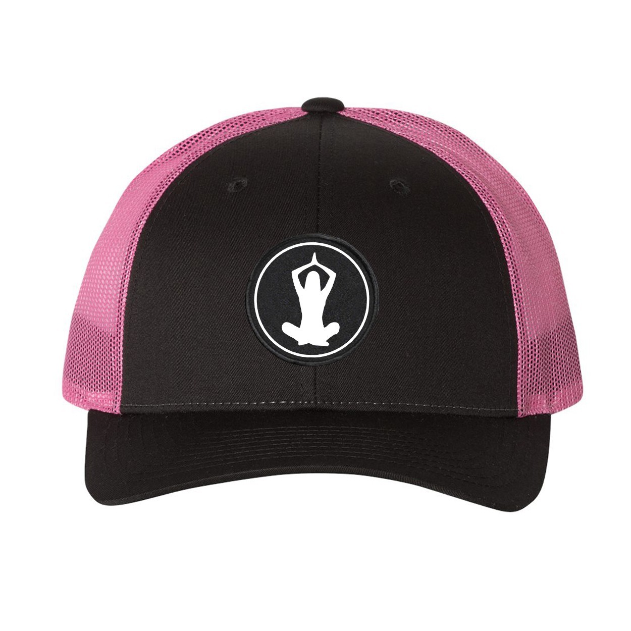 Yoga Meditation Icon Logo Classic Woven Circle Patch Snapback Trucker Hat Charcoal/Neon Pink (White Logo)