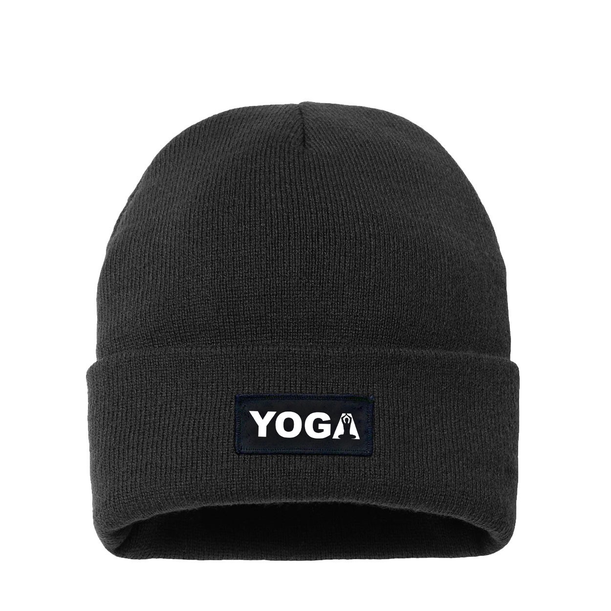 Yoga Meditation Logo Night Out Woven Patch Night Out Sherpa Lined Cuffed Beanie Black (White Logo)