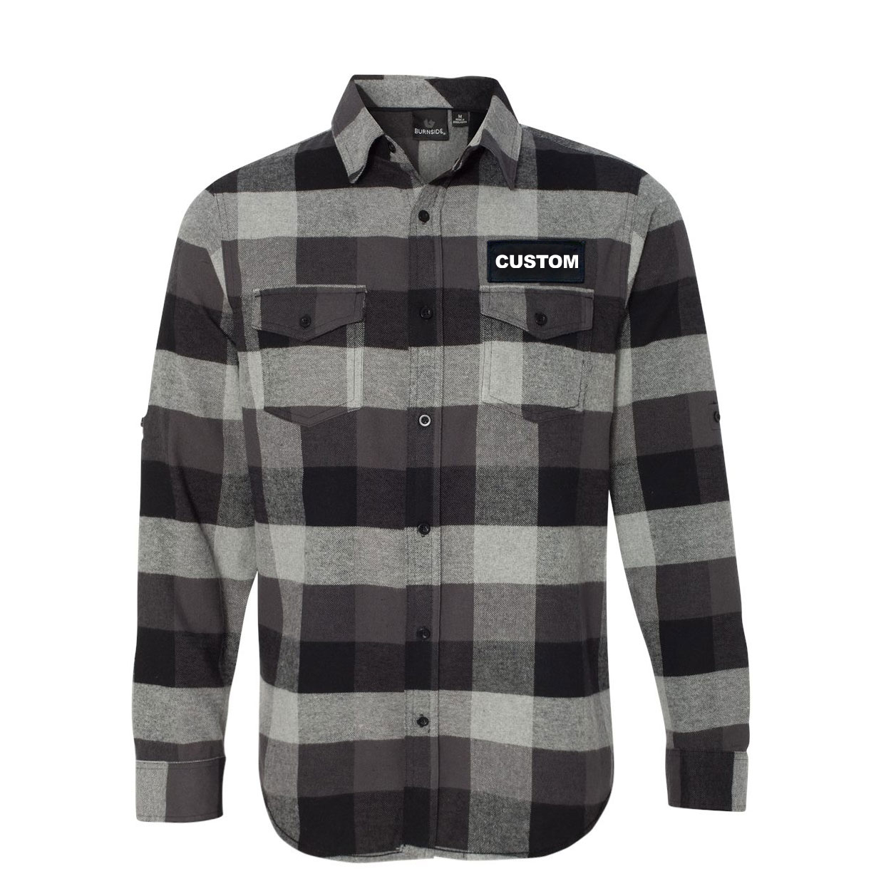 Custom Life Brand Logo Classic Unisex Long Sleeve Woven Patch Flannel Shirt Black/Gray (White Logo)