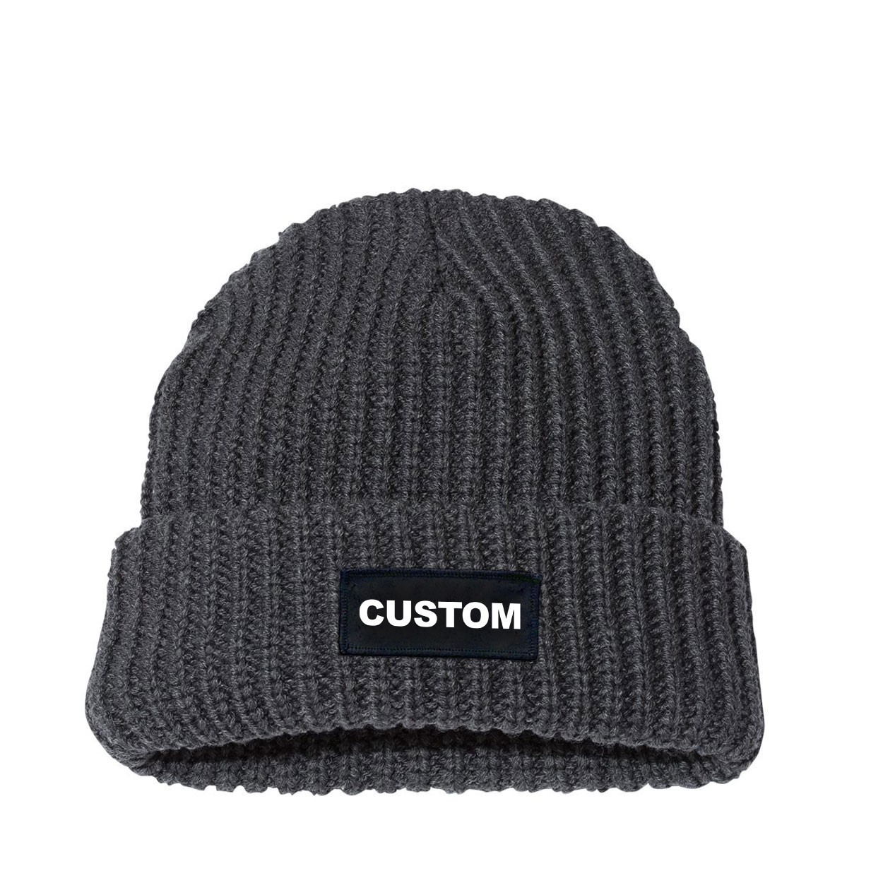 Custom Life Brand Logo Night Out Woven Patch Roll Up Jumbo Chunky Knit Beanie Charcoal (White Logo)